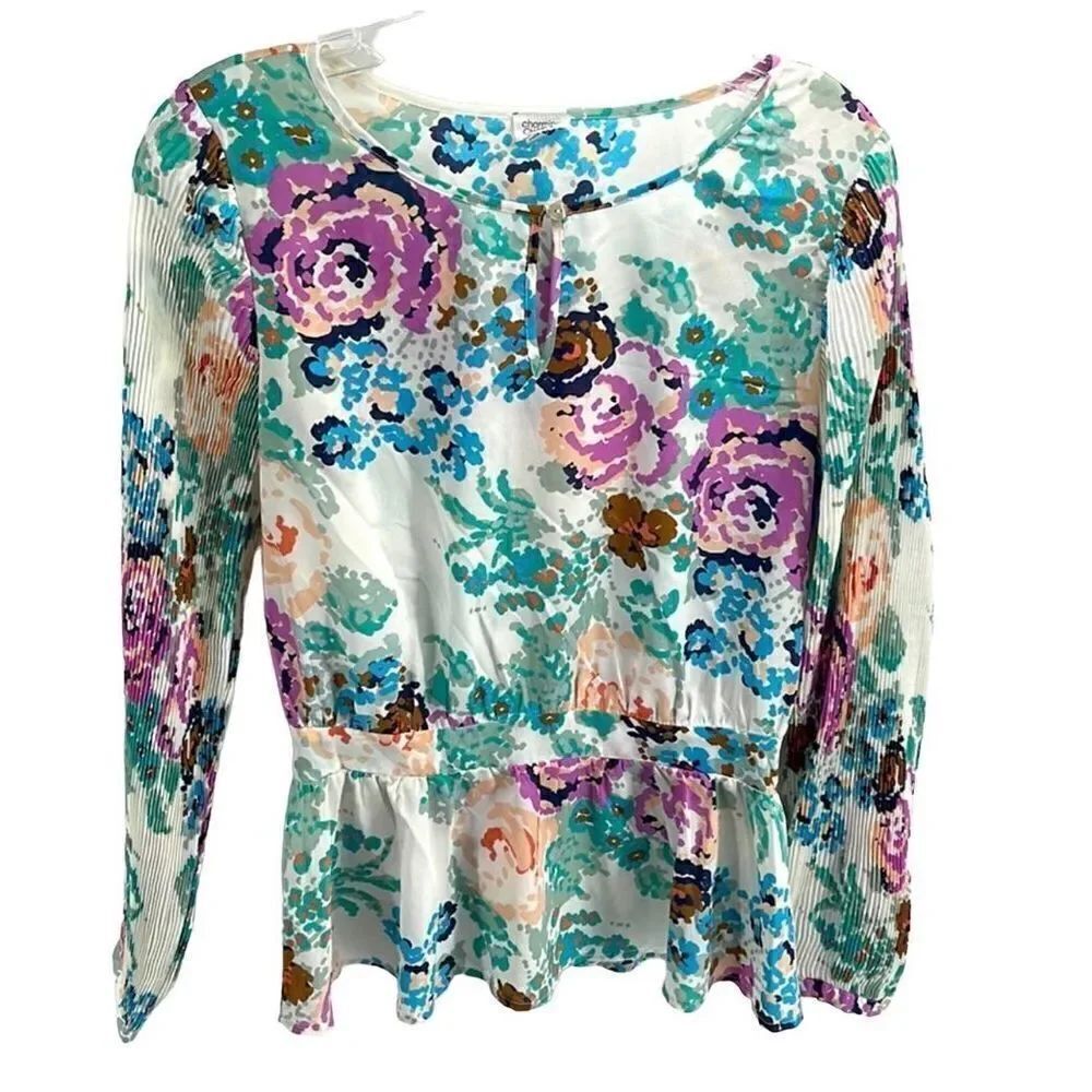 Charming Charlie Women's Floral Top Blouse Long Sleeve Peplum Multicolor Medium